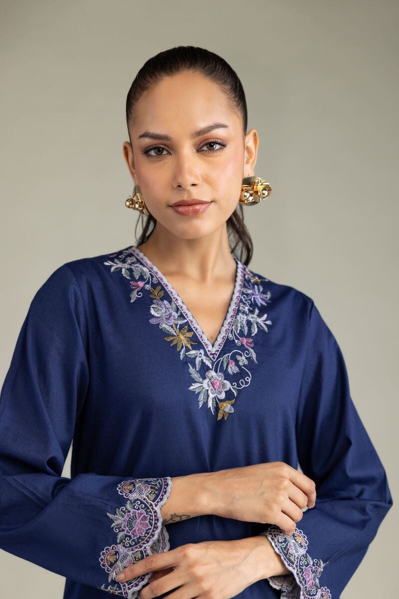 Embroidered | Cambric | Cambric Navy Kurta | USD 45.00