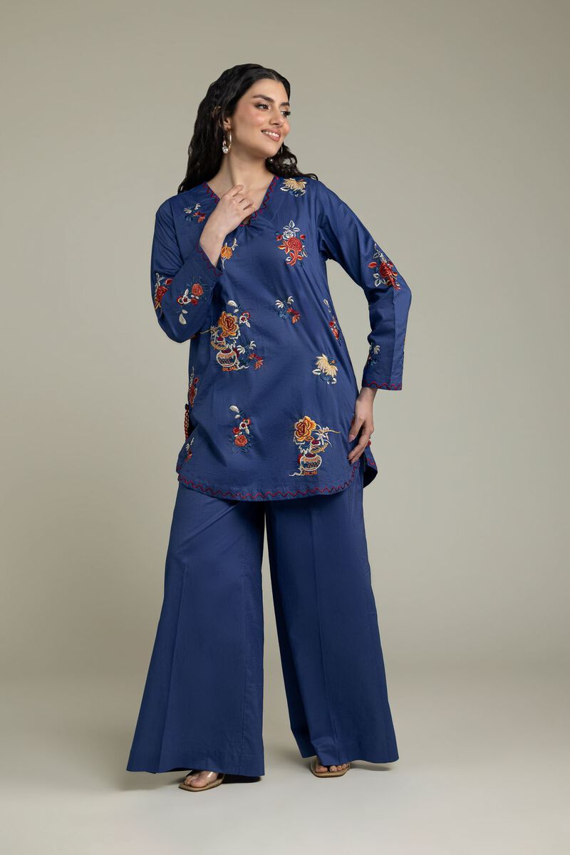 Embroidered | Cambric | Blue V-Neck Kurta | USD 40.00
