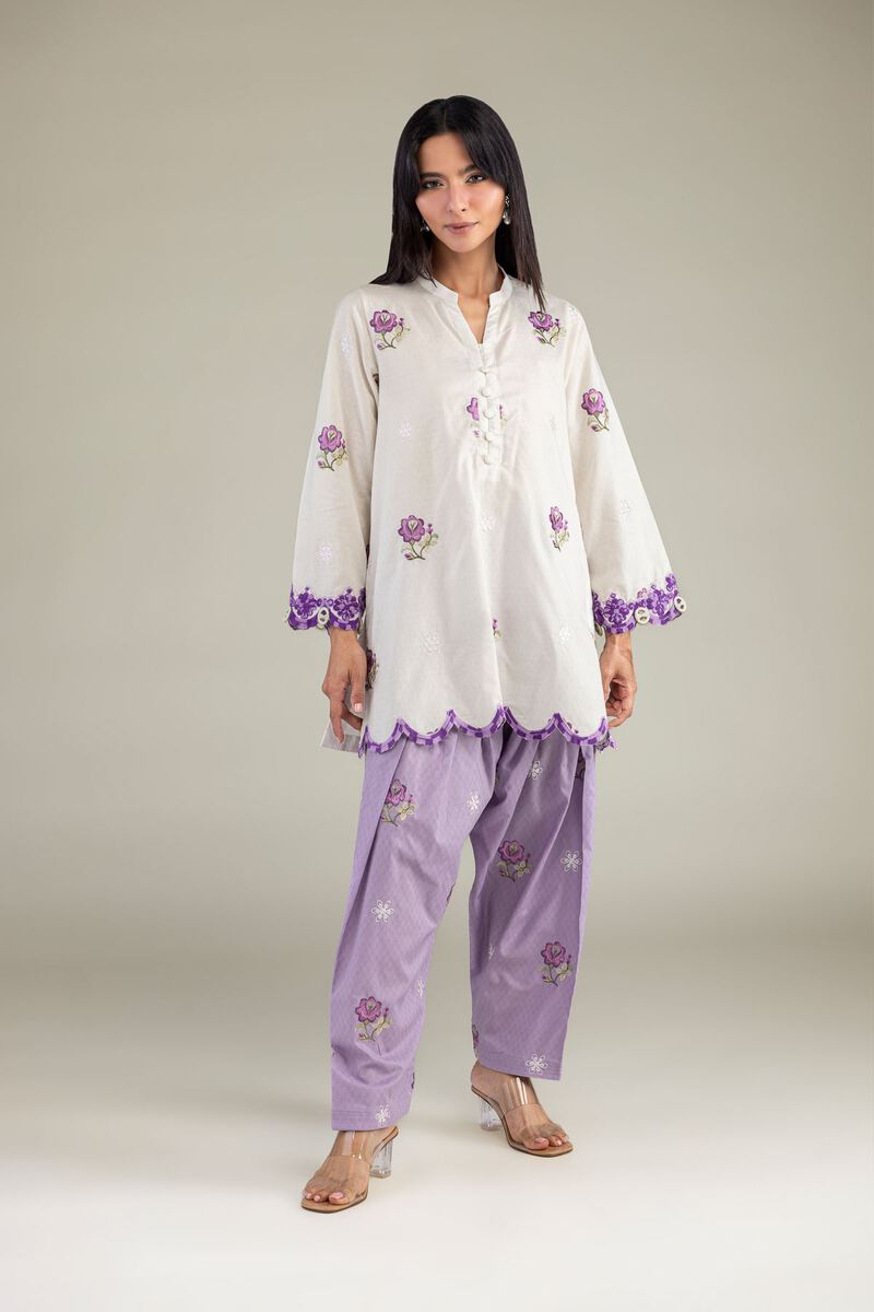 Embroidered | Cotton Dobby | Floral V-Neck Kurta | USD 45.00