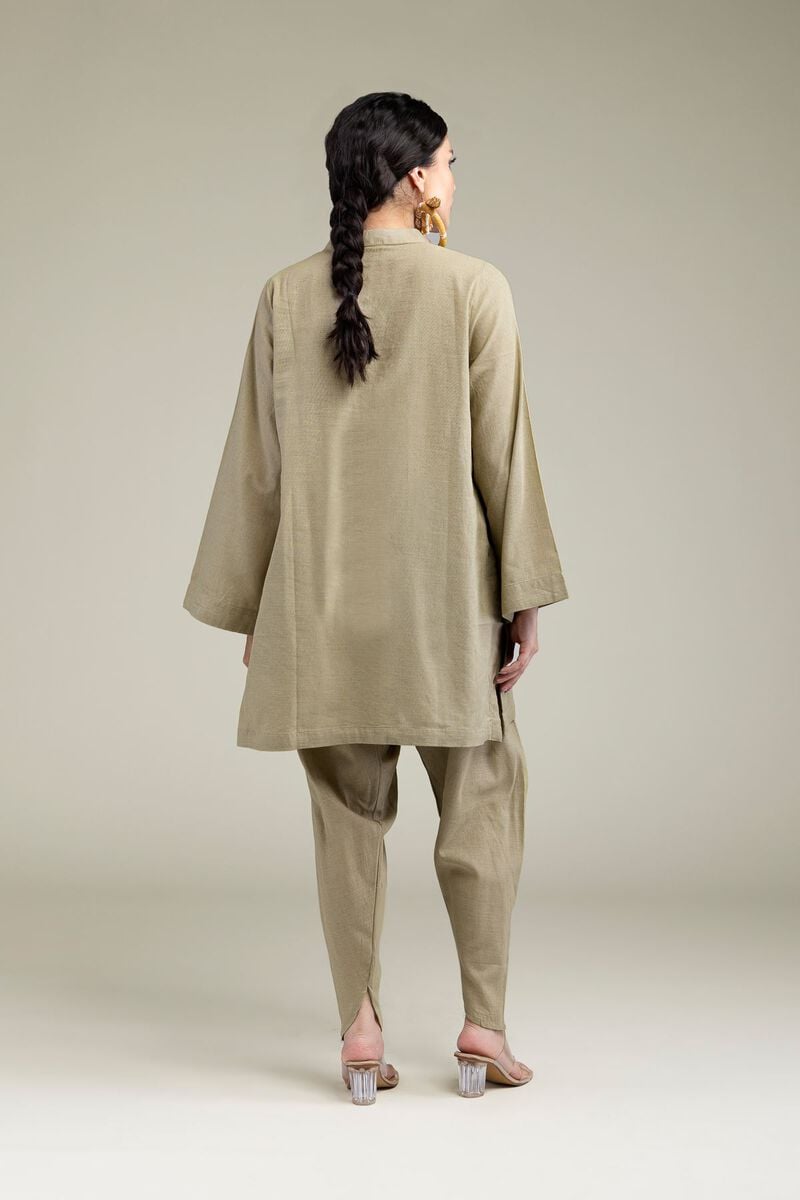 Dyed | Blended Linen | V-Neck Band-Collar Kurta | USD 35.00