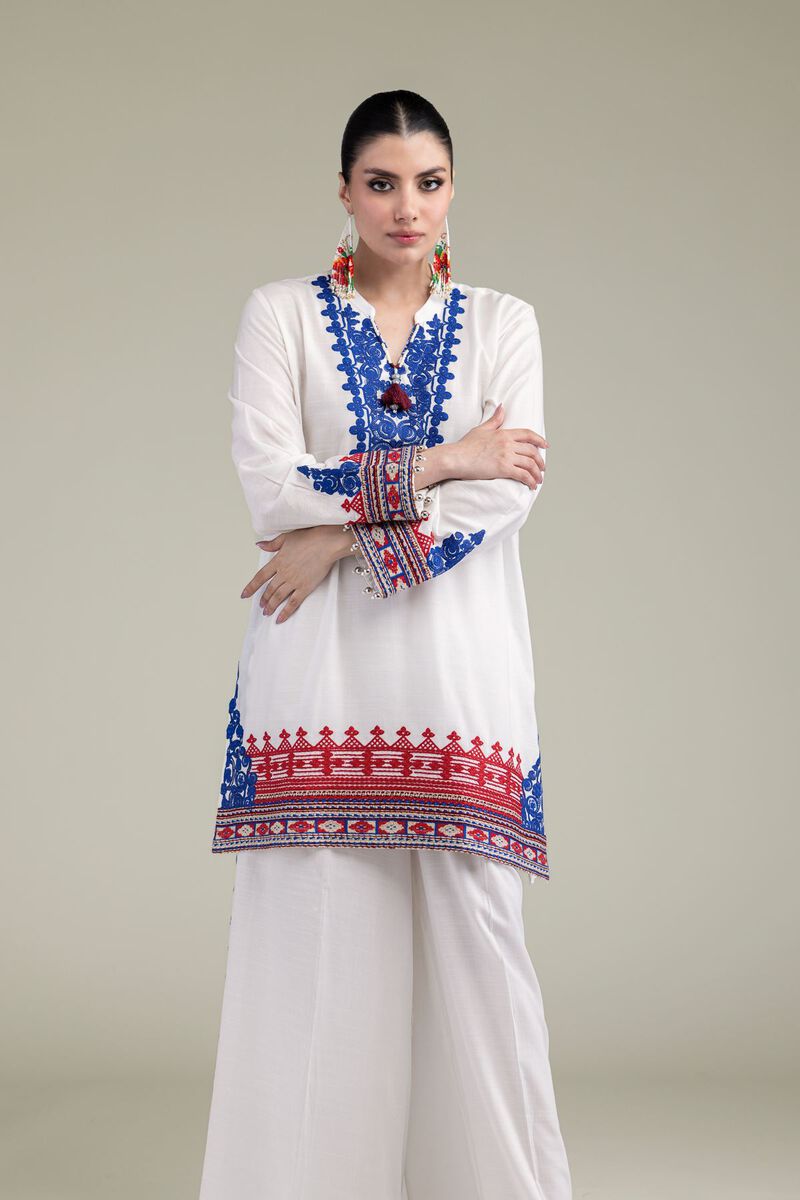 Embroidered | Raw Silk | White V-Neck Kurta | USD 13.50