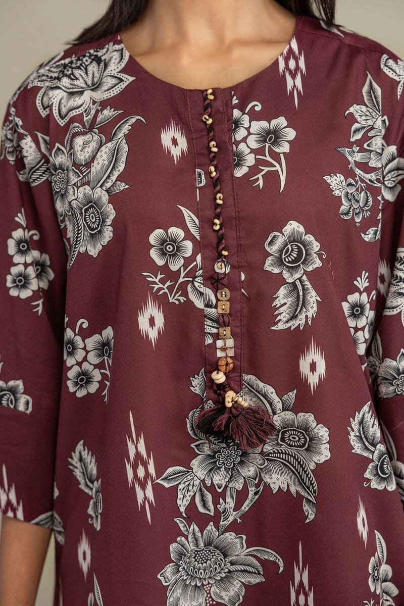 Printed | Cambric | Maroon Floral Kurta | USD 35.00
