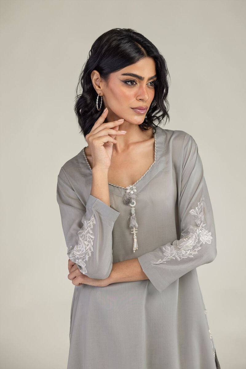 Embroidered | Lyocell | Gray Longline Kurta | USD 40.00