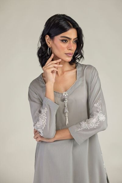 Embroidered | Lyocell | Gray Longline Kurta | USD 40.00