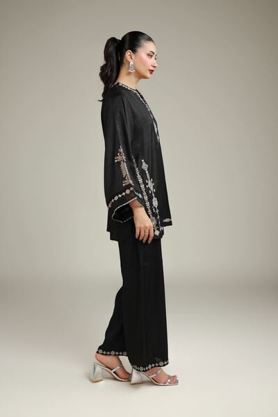Embroidered | Raw Silk | Black Solid Pants | USD 35.00