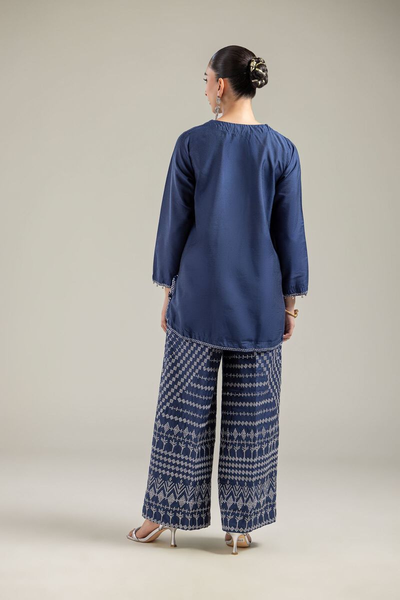 Raw Silk | Navy V-Neck Kurta | USD 40.00