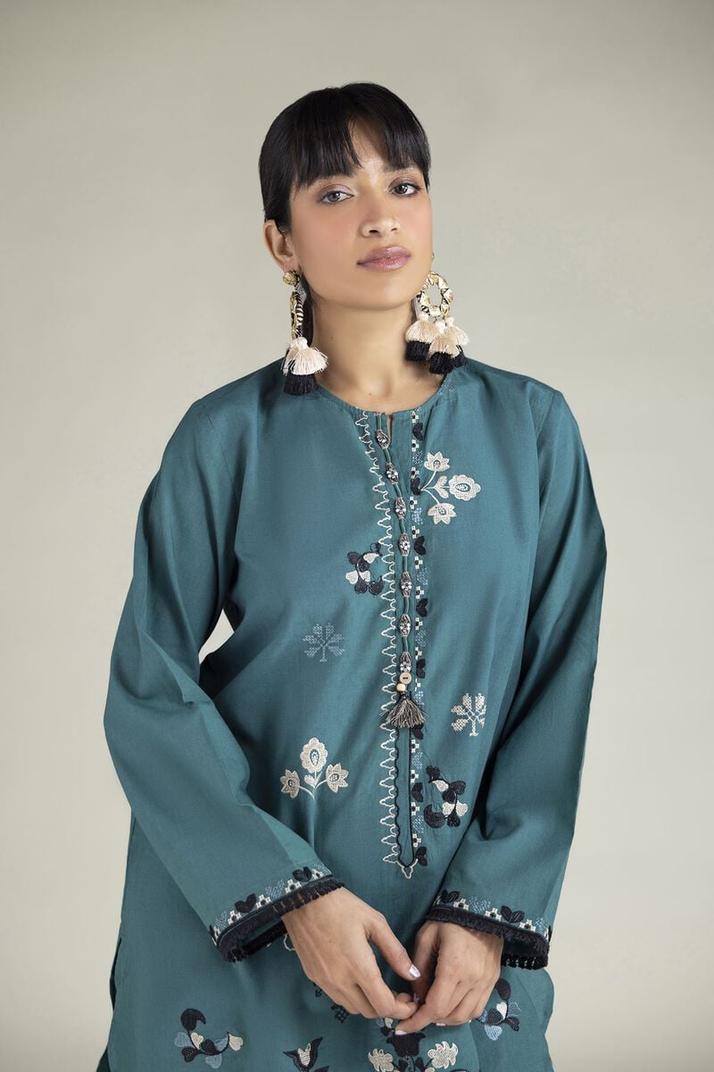 Embroidered | Cambric | Teal Tailored 2-Piece | USD 45.00