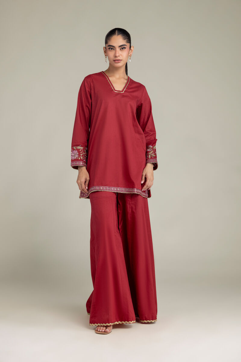 Embroidered | Cambric | Red Floral Kurta | USD 40.00