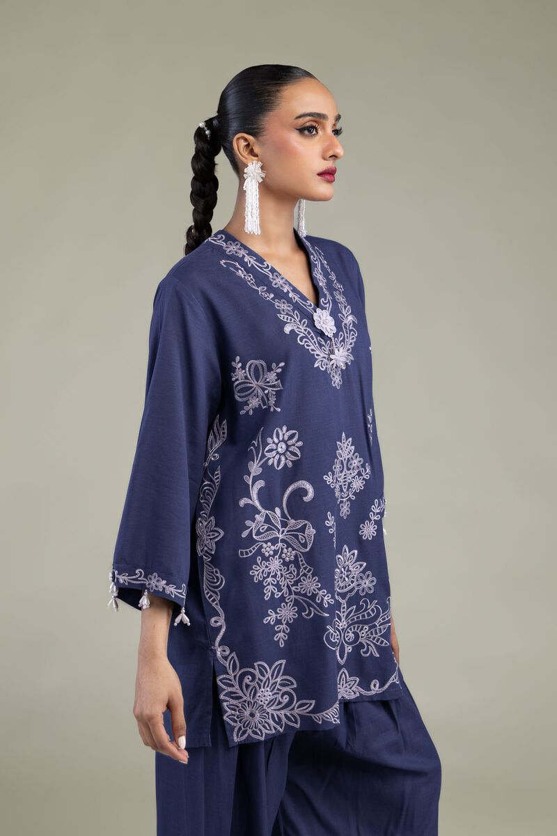 Embroidered | Raw Silk | Floral V-Neck Kurta | USD 55.00