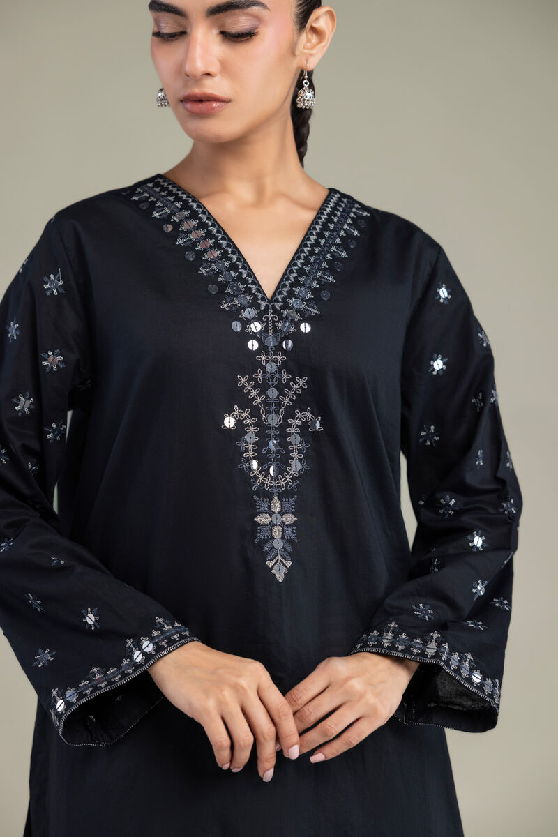 Embroidered | Cambric | Black V-neck Kurta | USD 40.00