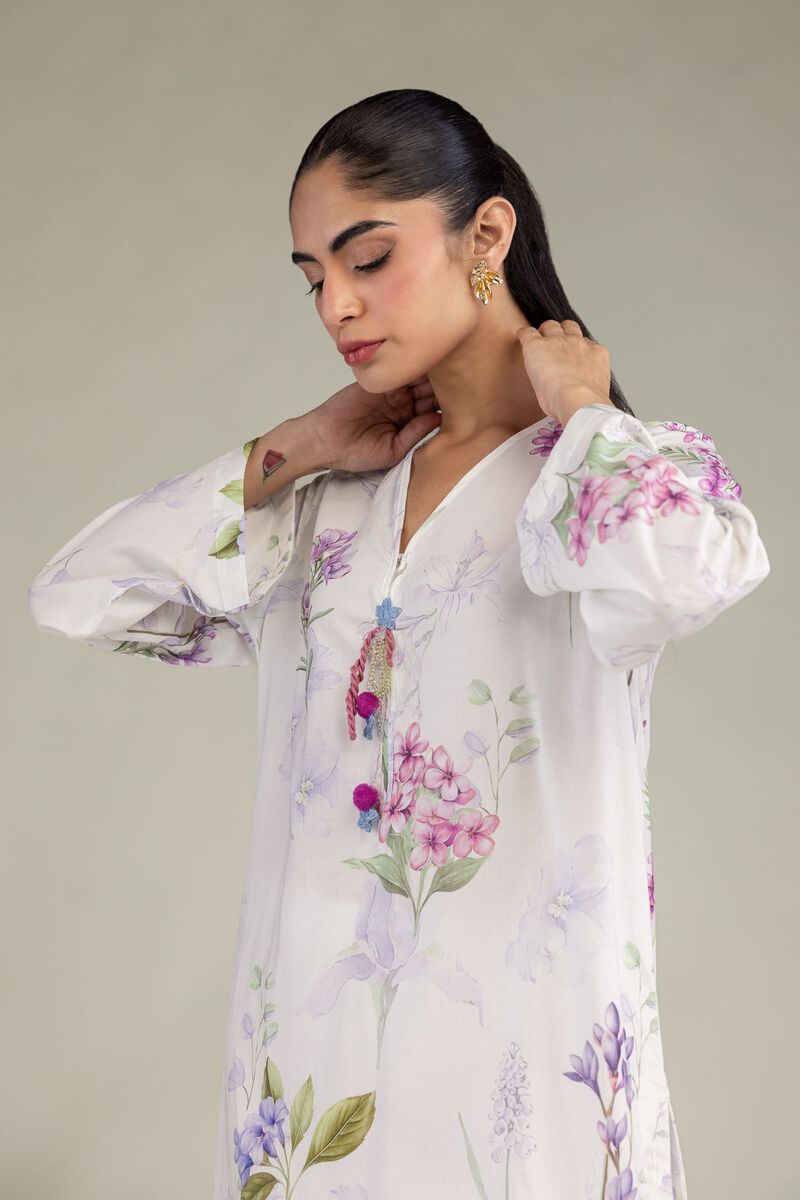 Printed | Cotton Viscose | White V-Neck Kurta | USD 35.00