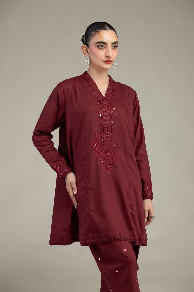 Embroidered | Raw Silk | Maroon V-Neck Kurta | USD 45.00