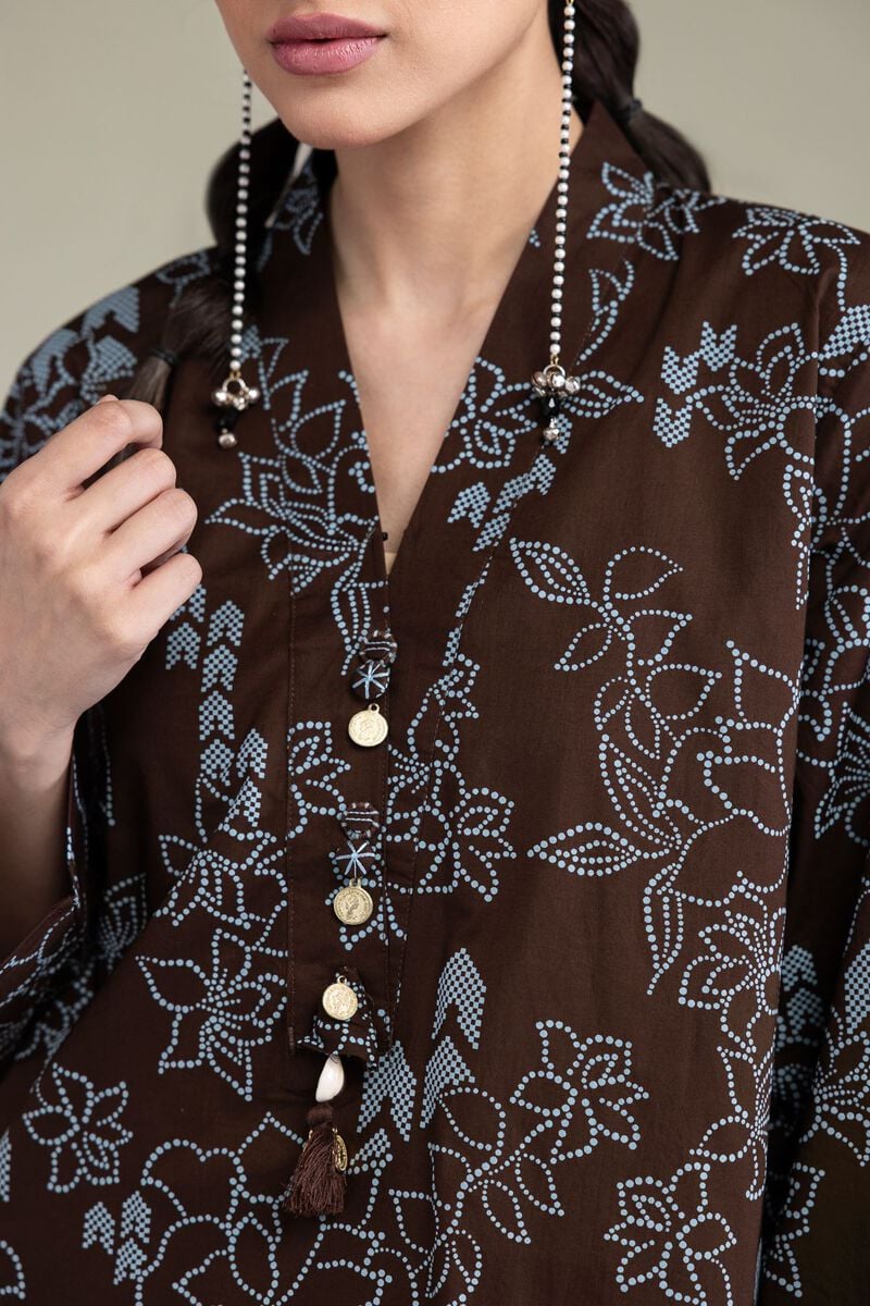 Printed | Cambric | Brown V-Neck Kurta | USD 35.00