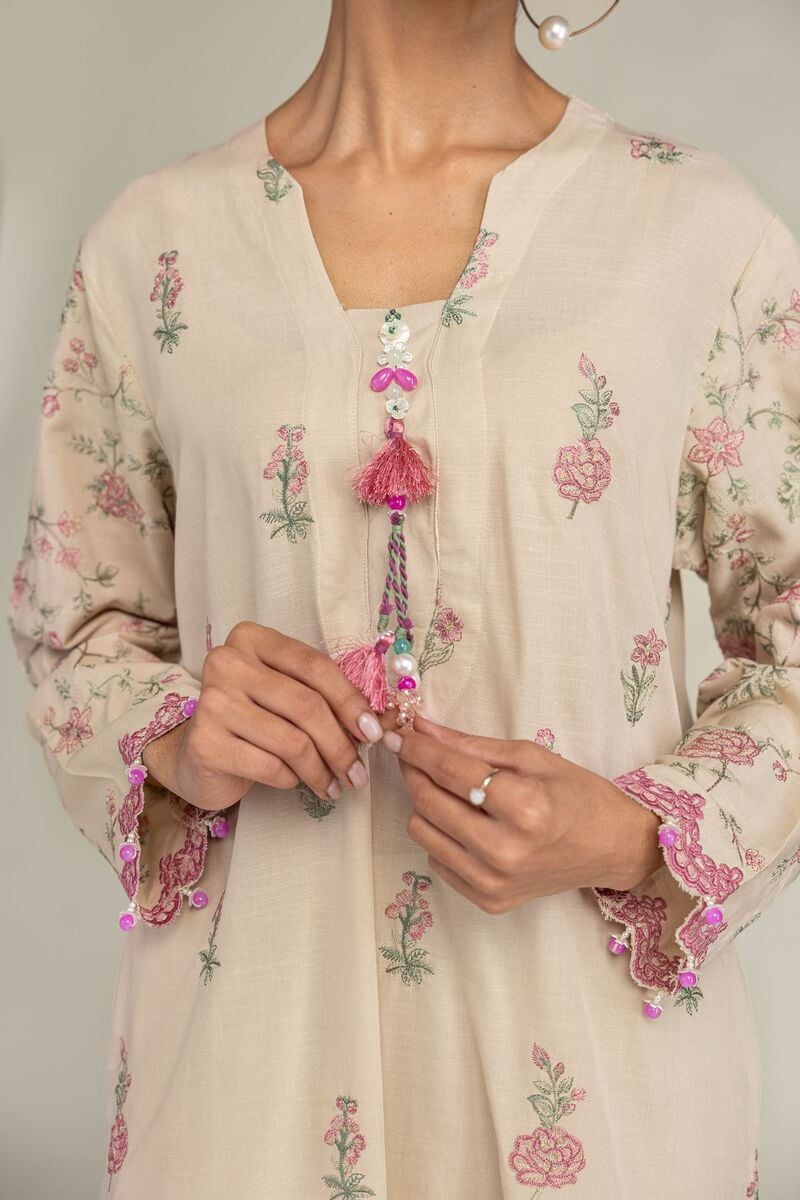 Embroidered | Raw Silk | Floral Beige Kurta | USD 60.00