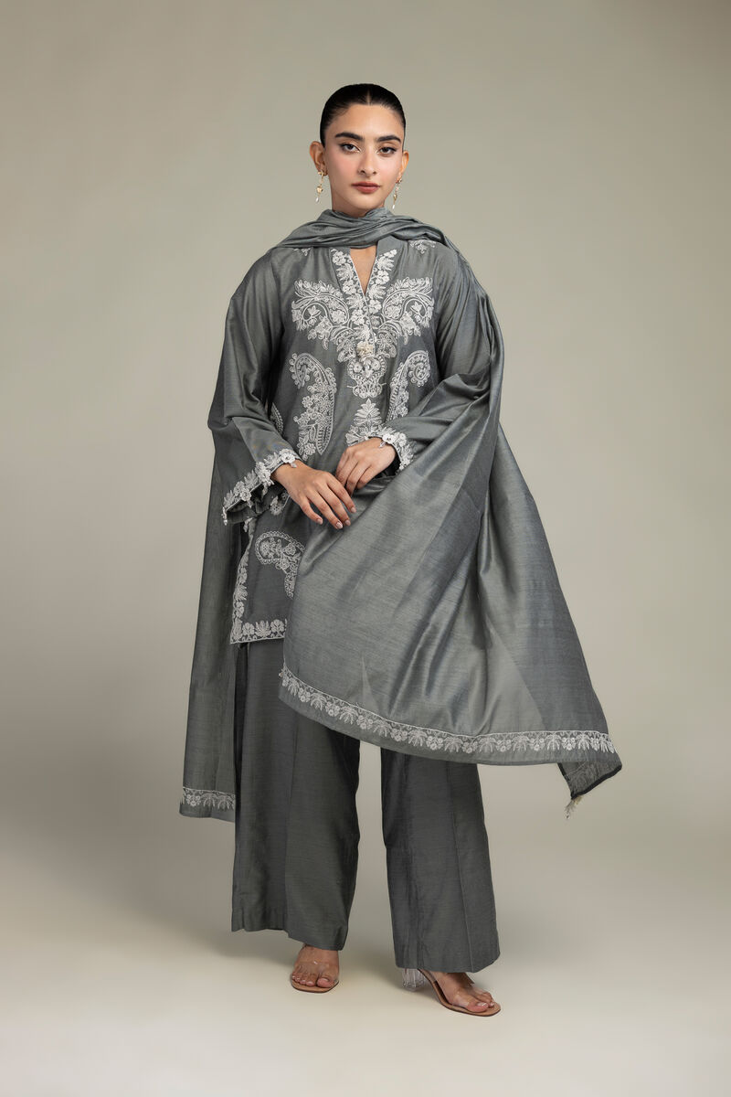 Cotton Net | Gray Floral Dupatta | USD 30.00