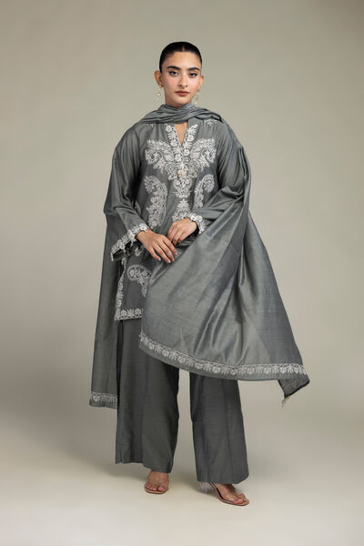 Cotton Net | Gray Floral Dupatta | USD 30.00