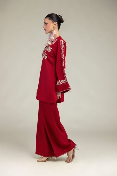 Embroidered | Raw Silk | Red Solid Pants | USD 30.00