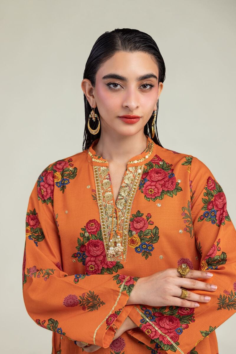 Embroidered | Raw Silk | Orange Floral Kurta | USD 40.00