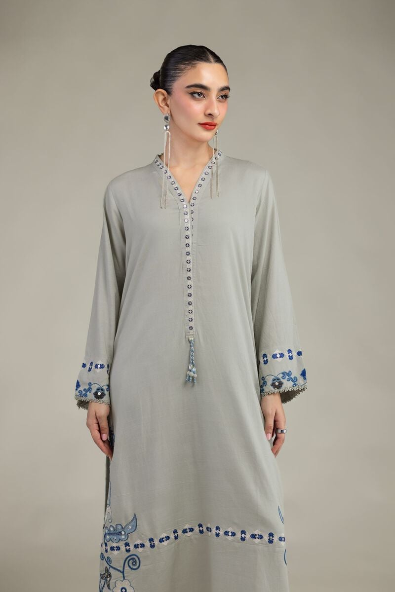 Embroidered | Raw Silk | Floral V-Neck Kurta | USD 60.00