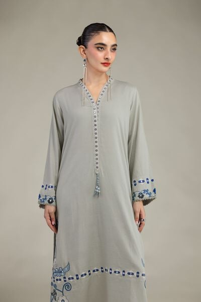 Embroidered | Raw Silk | Floral V-Neck Kurta | USD 60.00