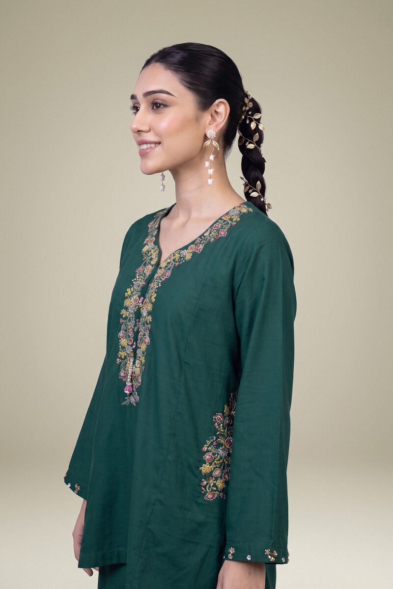 Embroidered | Raw Silk | Floral Green Kurta | USD 45.00