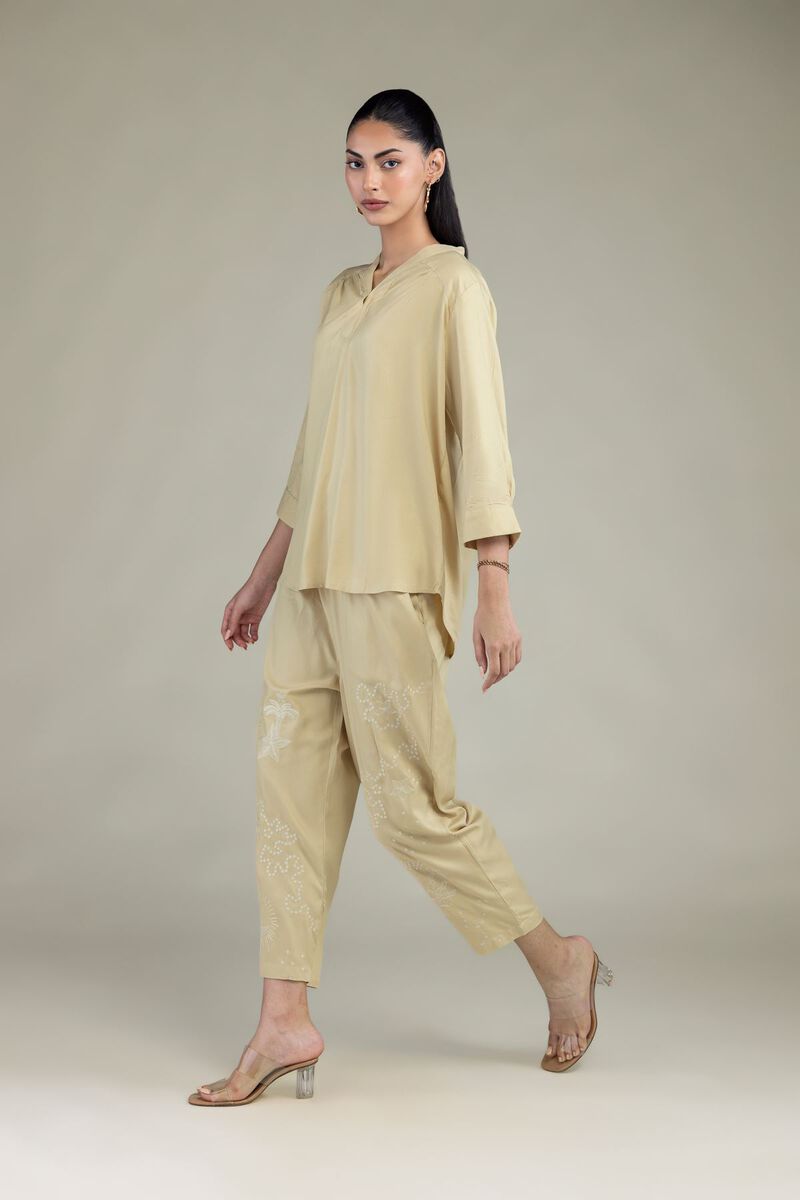 Embroidered | Viscose Crepe | Viscose Beige Trousers | USD 35.00