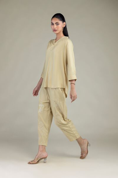 Embroidered | Viscose Crepe | Viscose Beige Trousers | USD 35.00