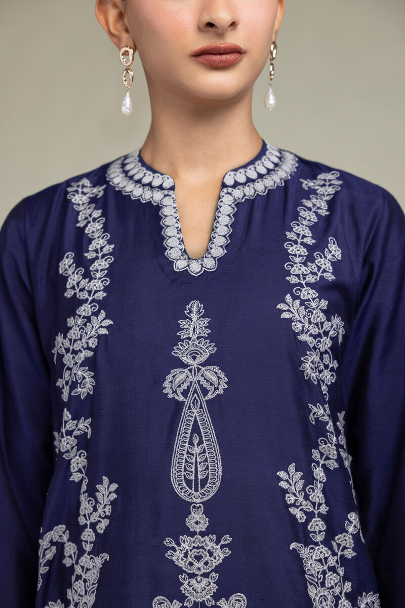 Raw Silk | Navy Floral Kurta | USD 75.00