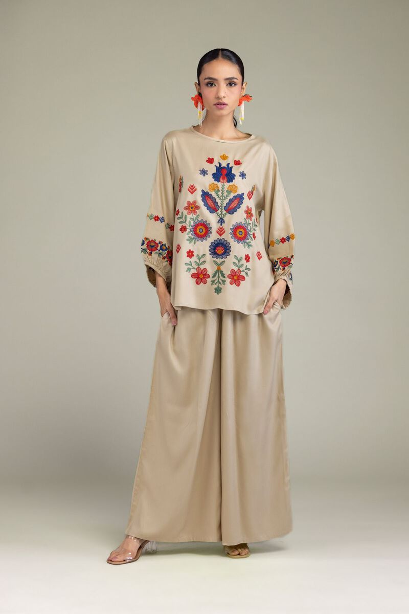 Embroidered | Viscose Crepe | Floral Beige Blouse | null