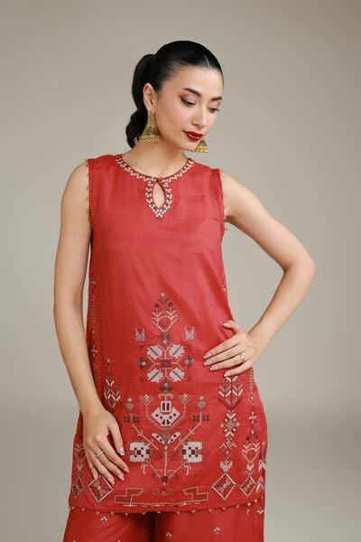 Embroidered | Raw Silk | Printed Rust Kurta | USD 60.00
