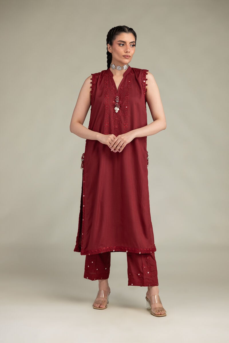 Embroidered | Raw Silk | Sleeveless Longline Kurta | USD 60.00