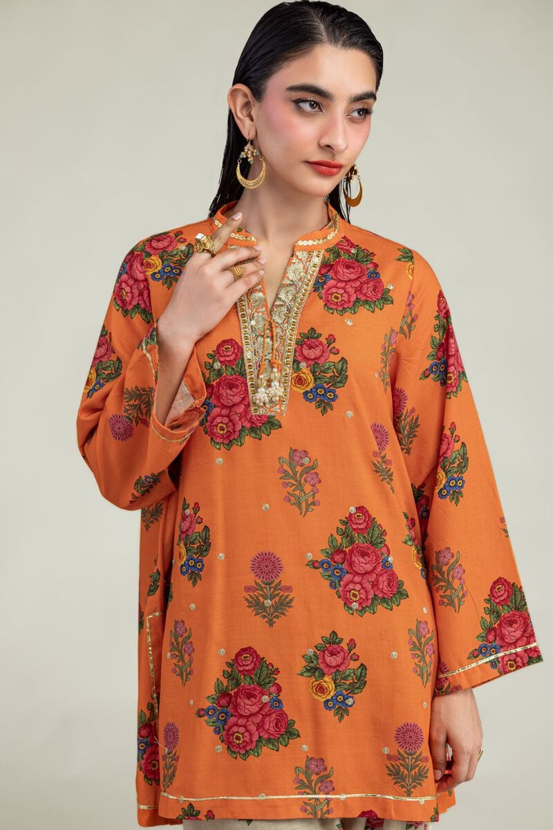Embroidered | Raw Silk | Orange Floral Kurta | USD 40.00