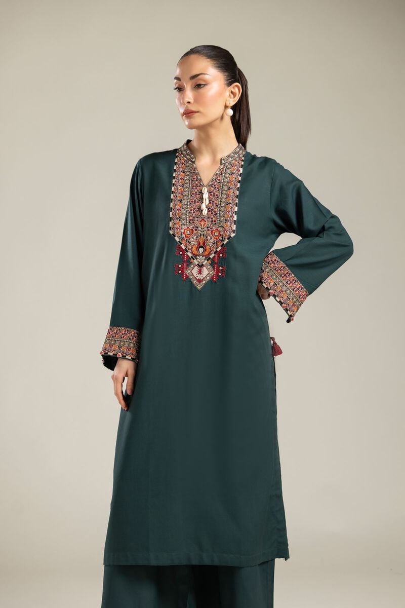 Embroidered | Raw Silk | Green Longline Kurta | USD 55.00
