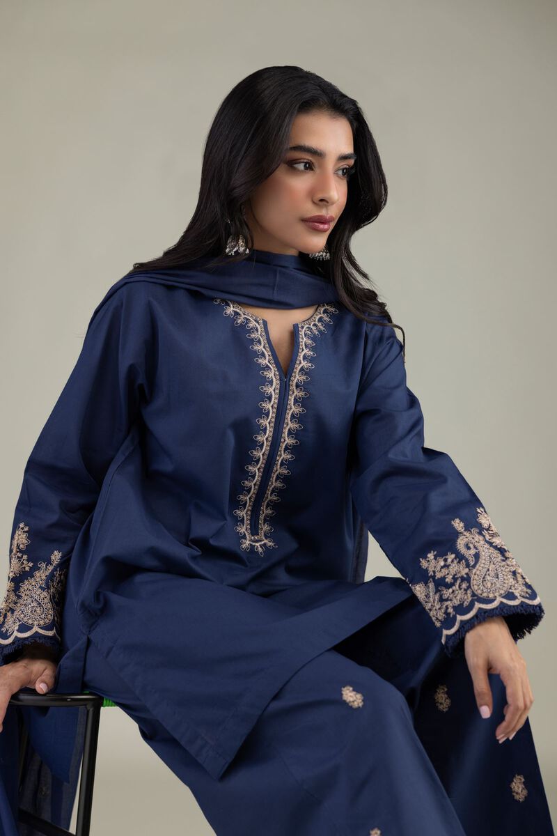Embroidered | Cambric | Navy V-Neck Kurta | USD 35.00