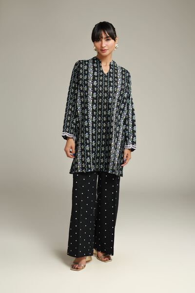 Embroidered | Cotton Dobby | Black Floral Kurta | USD 30.00