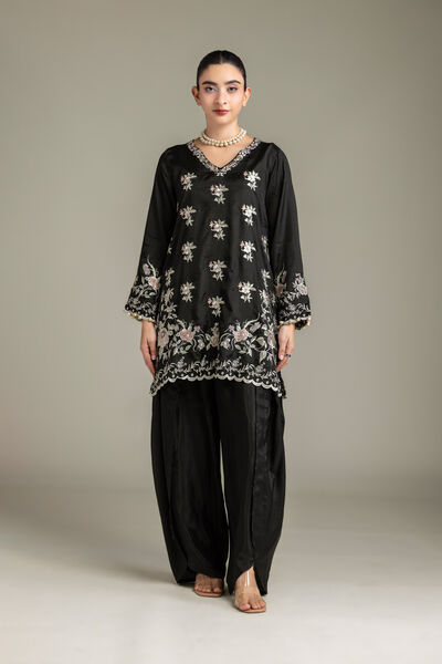 Embroidered | Raw Silk | Black Silk Pants | USD 40.00