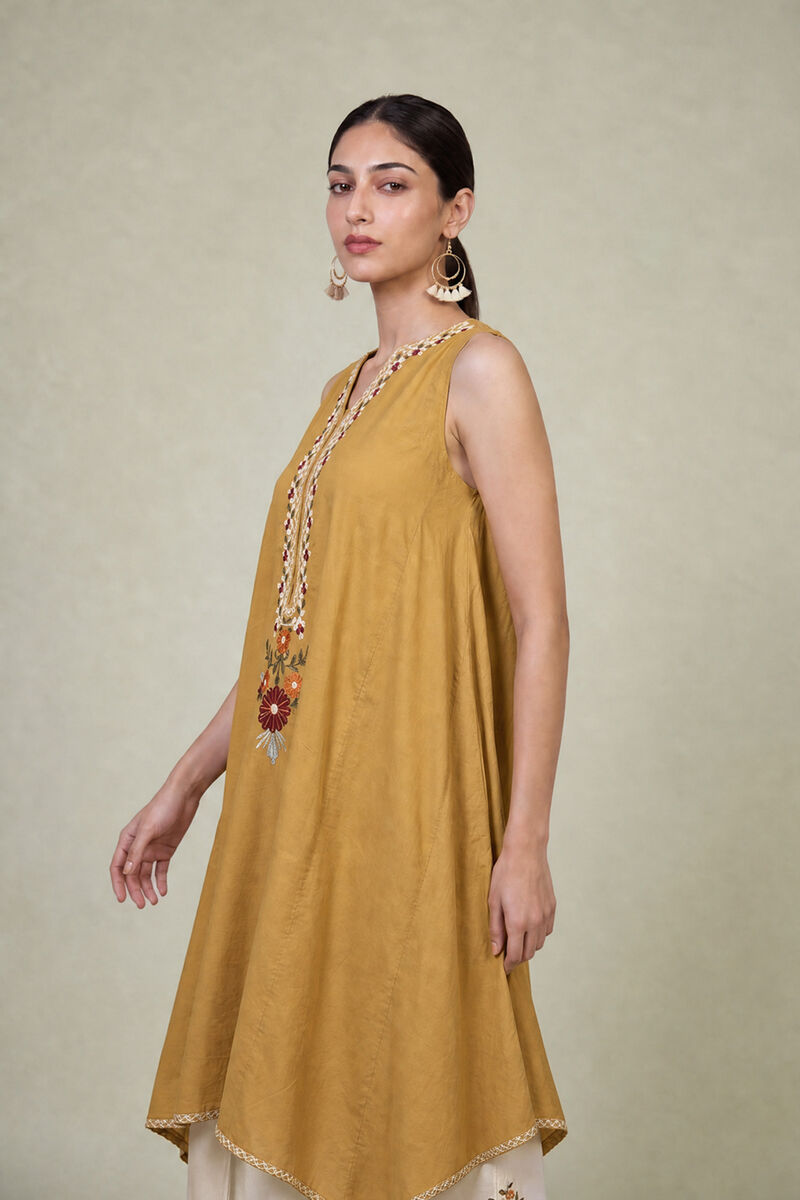 Embroidered | Cambric | Mustard Sleeveless Kurta | USD 40.00