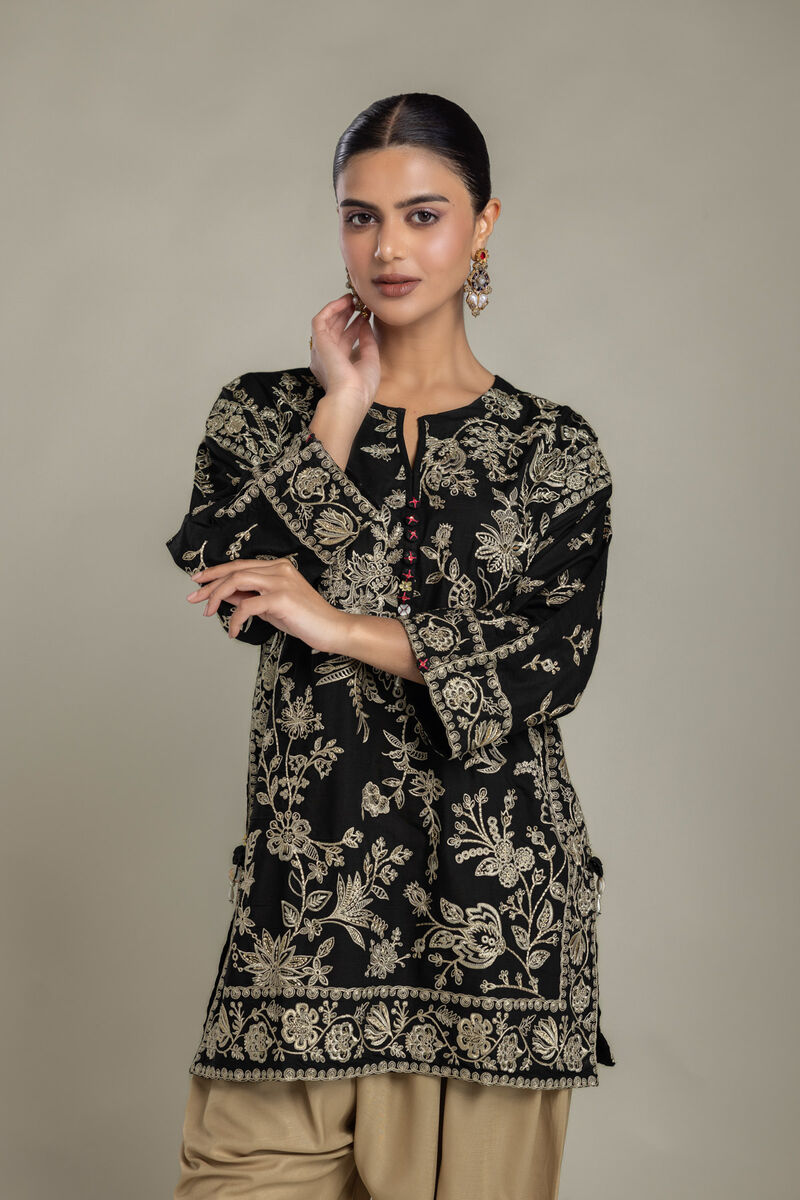 Embroidered | Raw Silk | Black Floral Kurta | USD 80.00