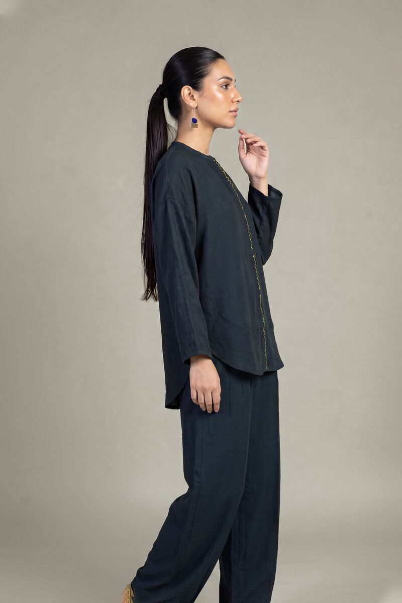 Dyed | Crepe | Navy Solid Blouse | USD 40.00