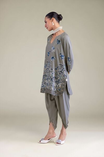 Embroidered | Raw Silk | Gray Floral Pants | USD 30.00