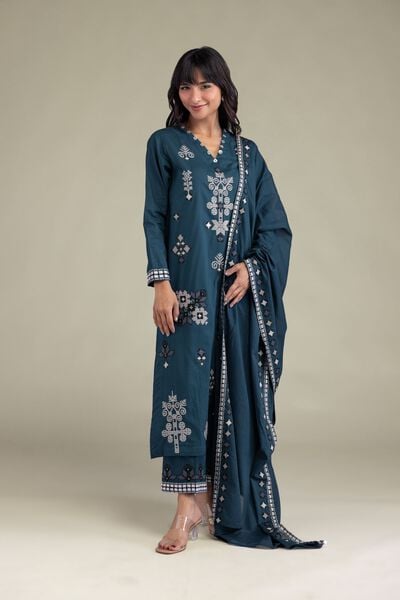 Embroidered | Cambric | Teal Longline Kurta | USD 35.00