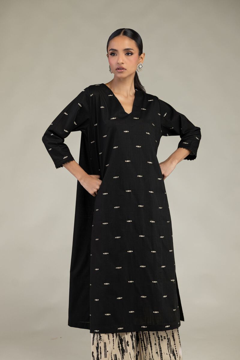 Textured Cotton | Embroidered | Black V-Neck Kurta | USD 40.00