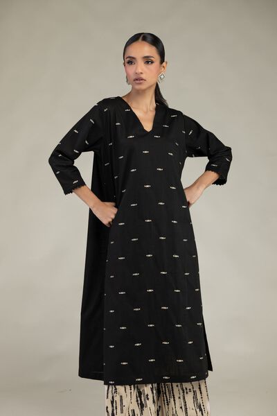 Textured Cotton | Embroidered | Black V-Neck Kurta | USD 40.00