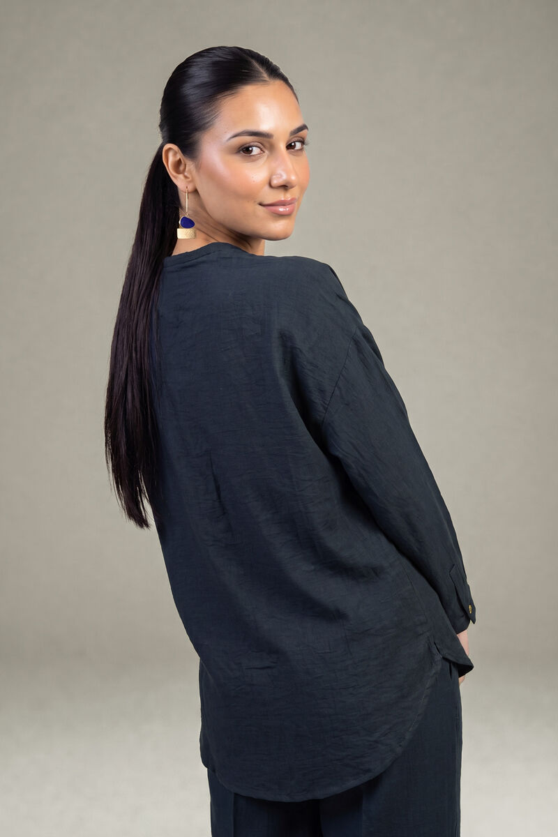 Dyed | Crepe | Navy Solid Blouse | USD 40.00