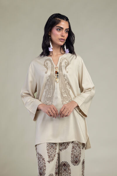 Embroidered | Viscose Crepe | Short V-Neck Tunic | USD 45.00