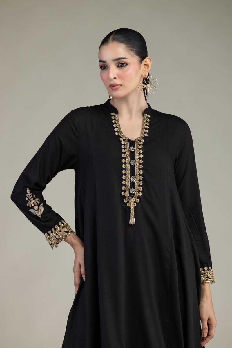 Embroidered | Raw Silk | Black Longline Kurta | USD 60.00