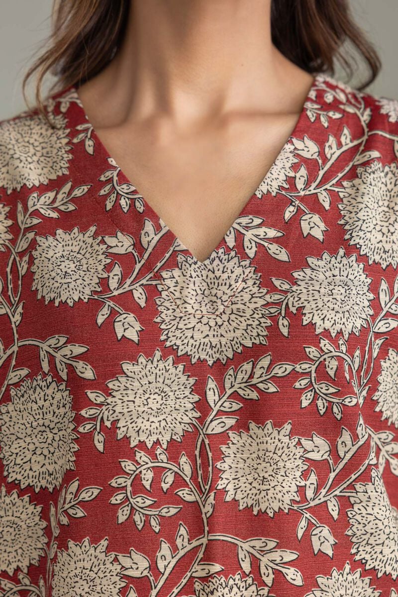 Printed | Light Khaddar | Floral V-neck Kurta | USD 35.00