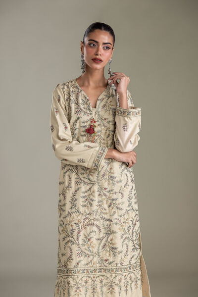 Embroidered | Heavy Blended Viscose | Long Beige Kurta | USD 65.00