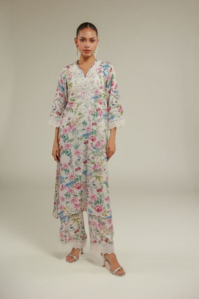 Embroidered | Raw Silk | Floral Lace Pants | USD 35.00