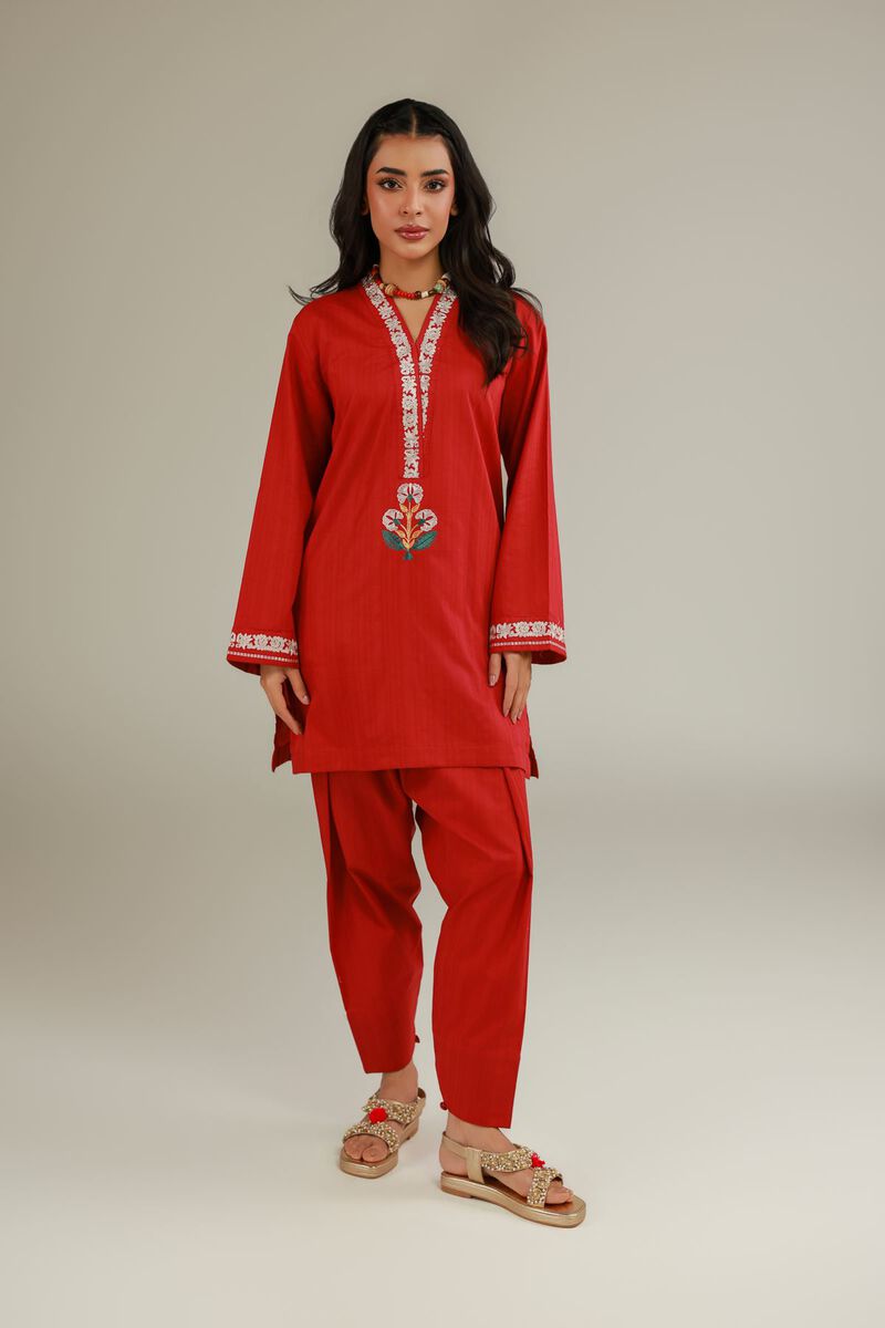 Embroidered | Cotton Dobby | Red Floral Kurta | USD 35.00